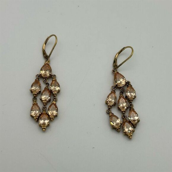 Vintage Art Deco 925 Gold Chandelier Earrings Cubic Zirconia Rhinestones Classic - Picture 3 of 9